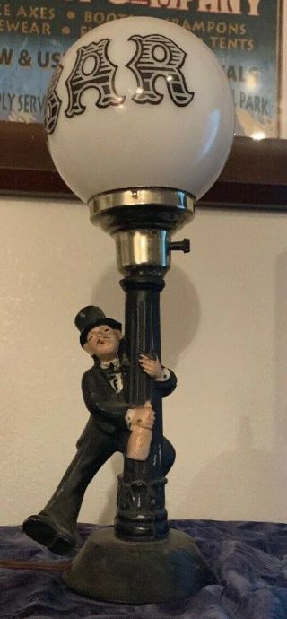 Vtg Drunk Hobo Charlie Chaplin Lamp Post Glass Bar Globe Light Man Cave