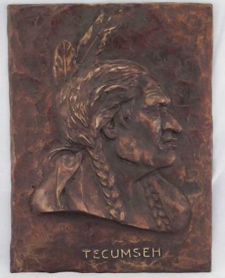 Antique Bronze Plaque Sculpture Of Tecumseh Native American Indian Chief Signed