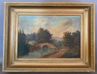 Antique Edwardian Era River Valley Old Bridge & Mountains Landscape Painting