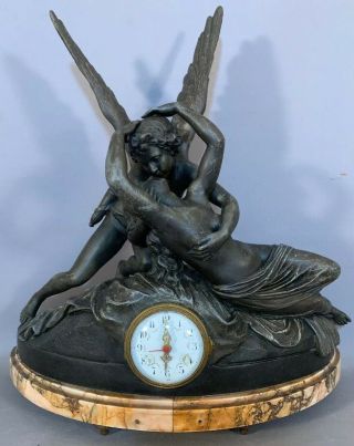 Lg Antique Art Nouveau Bronzed Figural Nude Lady Winged Man Statue Mantel Clock