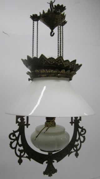 Antique Cast Brass Bradley & Hubbard? Converted Electric Hanging Oil Lamp Light