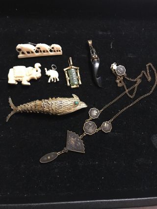 Vintage Japanese Damascene 24k Gold Inlay Fan Necklace,  Filigree Fish,  Elephants