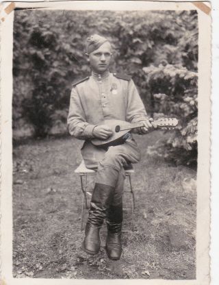 1946 Handsome Young Man Soldier W/ Mandolin Ww2 Old Soviet Russian Photo Gay Int