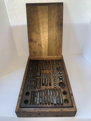 Vintage Rare Greenfield Tap & Die Set 78 Pc In Parker Bros Wood Tongue Box Usa