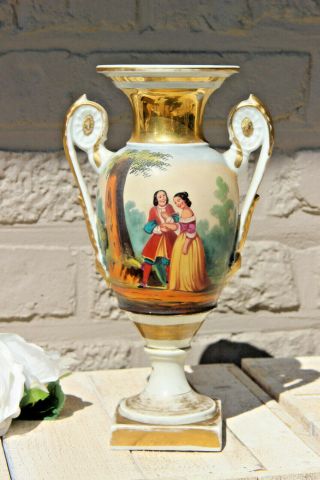 Antique French Vieux Old Paris Porcelain Vase Romantic Scene