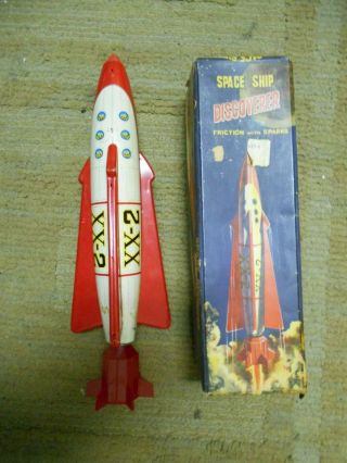 Vintage Alps Space Ship Discoverer Friction W/sparks Tin Toy Rocket - Japan