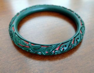 Extremely Fine Hand - Carved Antique Chinese Dark Green & Red Cinnabar Bangle