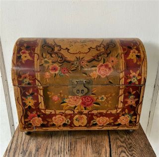 Large Vintage Black Lacquer Wood Jewelry Trinket Box Chest W/ Floral Design