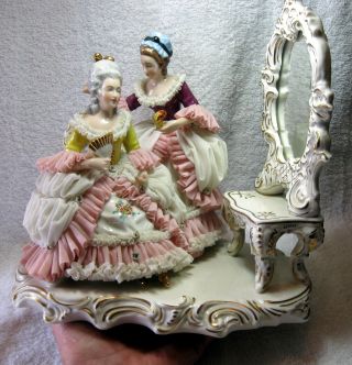Large Exceptional Dresden Volkstedt German Porcelain Lace Group Figurine 2 Woman