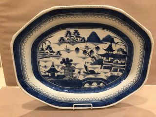 Antique Canton China large serving Platter Blue and white 2