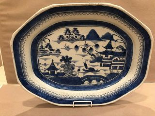 Antique Canton China large serving Platter Blue and white 3
