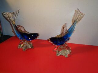 Vintage Murano Art Glass Blue & Gold Flake Jumping Fish Sculptures
