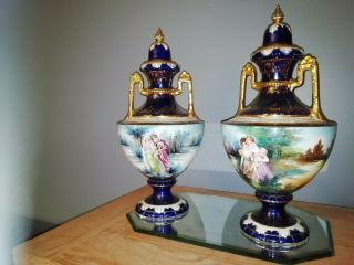 Antique Victorian Earthenware Vases,  Cobalt Blue.  Royal Vienna Austria