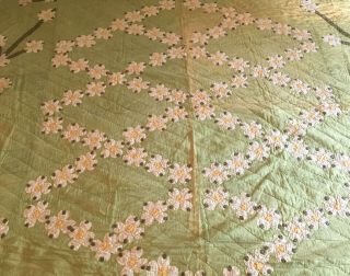 Vintage Hand Stitched Quilted Embroidered Flower Applique Green Quilt - 82 " X74 "