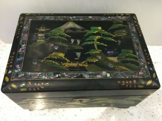 Vintage 1950s Black Lacquer Japanese Music Jewellery Box