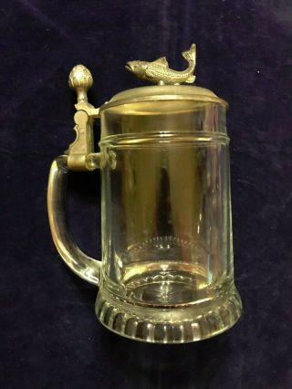 Bmf Vintage Lidded Clear Glass Beer Stein With A Fish On The Top Of The Lid
