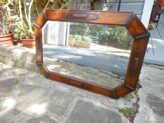 Older Large Pretty Jacobean Trim Oak Framed Beveled Edge Mirror From England