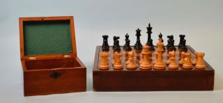 Antique English Ebony Staunton Chess Set & Box & Board C.  1930