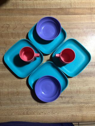Vtg Tupperware Toys Set Aqua/purple/pink - Coral 8pc Plates Cups Bowls