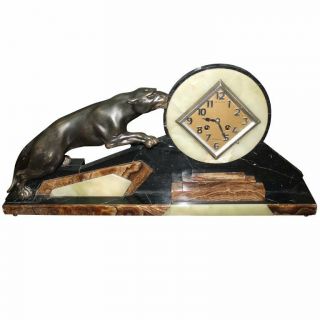 French Art Deco Clock Bronze Panther Sculpture With Onyx And Marble Circa 1940s.