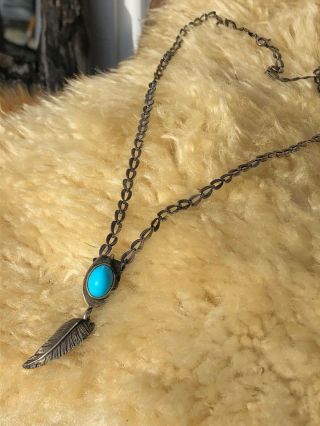 Vintage Navajo Sleeping Beauty Turquoise Sterling Silver Pendent Chain 24 " Long