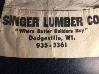 Vintage Advertising Nail Apron,  Singer Lumber Co.  Dodgeville,  Wisconsin