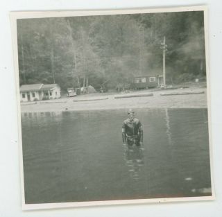 Scuba Diver Standing In Shallow Water - Vintage Black & White Snapshot Photo
