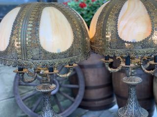 Antique Custom Metal And Slag Glass Candelabra Table Lamps - Pair 37”h