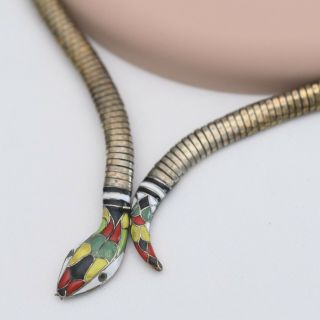 Vtg Art Deco Egyptian Revival Rolled Gold Enamel Snake Necklace