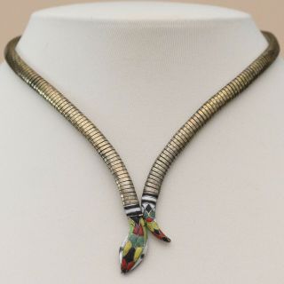 Vtg Art Deco Egyptian Revival Rolled Gold Enamel Snake Necklace 2