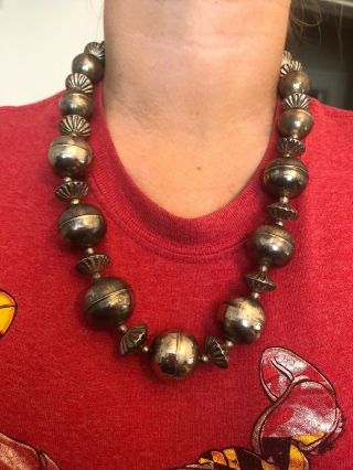 Vintage Large Chunky Native American Sterling Silver Pearl Bead Necklace 24”