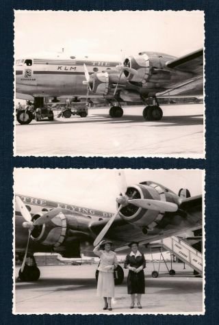 Klm The Flying Dutchman Airplane W/ Women Posed In Front Vintage Photos 1950 
