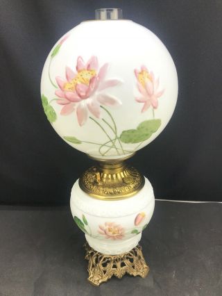 Antique Gone With The Wind Oil Lamp Hand Painted Floral Consolidated Glass Gwtw