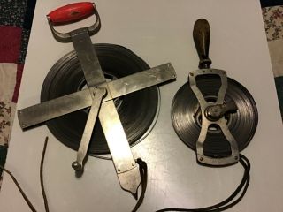 2 Vintage Steel Lufkin Rule Co.  300 Ft.  & 100 Ft.  Surveyors Tape Measure Tools
