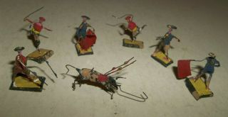 7 Rare Vtg Lead & Wire Bull Fighter Bullfighter Miniature Toys - 1 " Tall