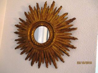 Antic Authentic French Mid Century Gilt Wood Sunburst Starburst Wall Mirror 1960