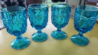 Antique Vintage Moon And Stars Teal Blue Glass 4 Goblets L E Smith