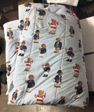 Vintage Ralph Lauren Teddy Bear Pinstripe Comforter Blanket Full Queen