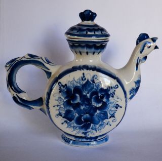 Vintage Russian Gzhel Art Porcelain Blue & White Brewing Teapot Signed