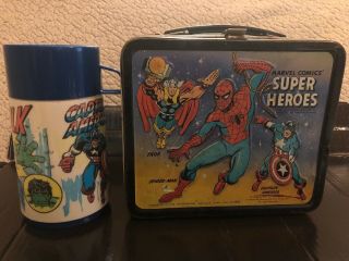 Vintage Marvel 1976 Heroes Metal Lunch Box With Thermos