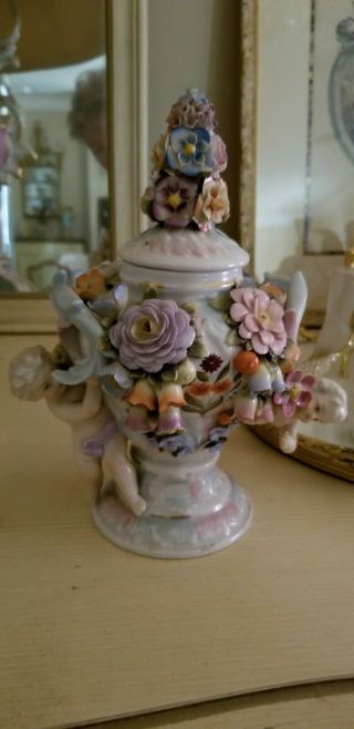 Antique Dresden Porcelain Vase Urn Cherubs Encrusted Flowers Exquisite