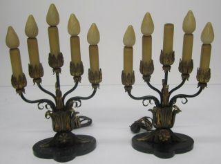 Pair 2 Antique Candelabra Electric Table Lamps Candle Light Fixture Brass Marble