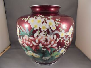 Vintage Ando Style Large Red Japanese Cloisonne Vase W Mums Prunus 8 1/2 X 8 1/4