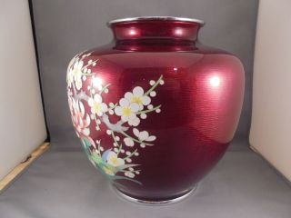 Vintage Ando Style Large Red Japanese Cloisonne Vase w Mums Prunus 8 1/2 x 8 1/4 2