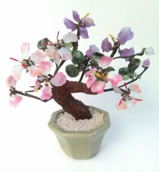 Vintage Chinese Jade Glass Bonsai Tree Pink & Purple Flowers With Green Leaves