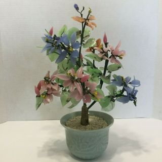 Vintage 14 " Glass Jade Bonsai Tree In Celadon Pot
