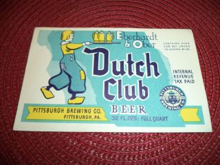 Vintage Pittsburgh Brewing Co. ,  Dutch Club Beer Label.