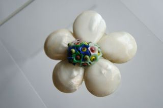 Vintage Early Miriam Haskell Shell & Milk Glass Harlequin Bead Flower Brooch Pin