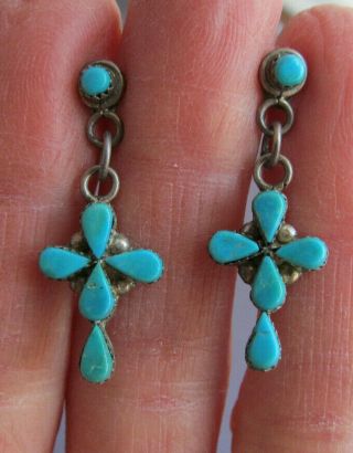 Vintage Old Pawn Sterling Zuni Turquoise Inlay Petit Point Cross Pierce Earrings