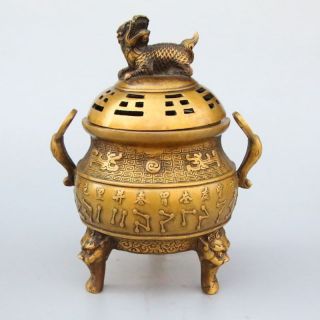 China Old Handwork Brass Kirin Town House To Ward Off Bad Luck Incense Burner Rn